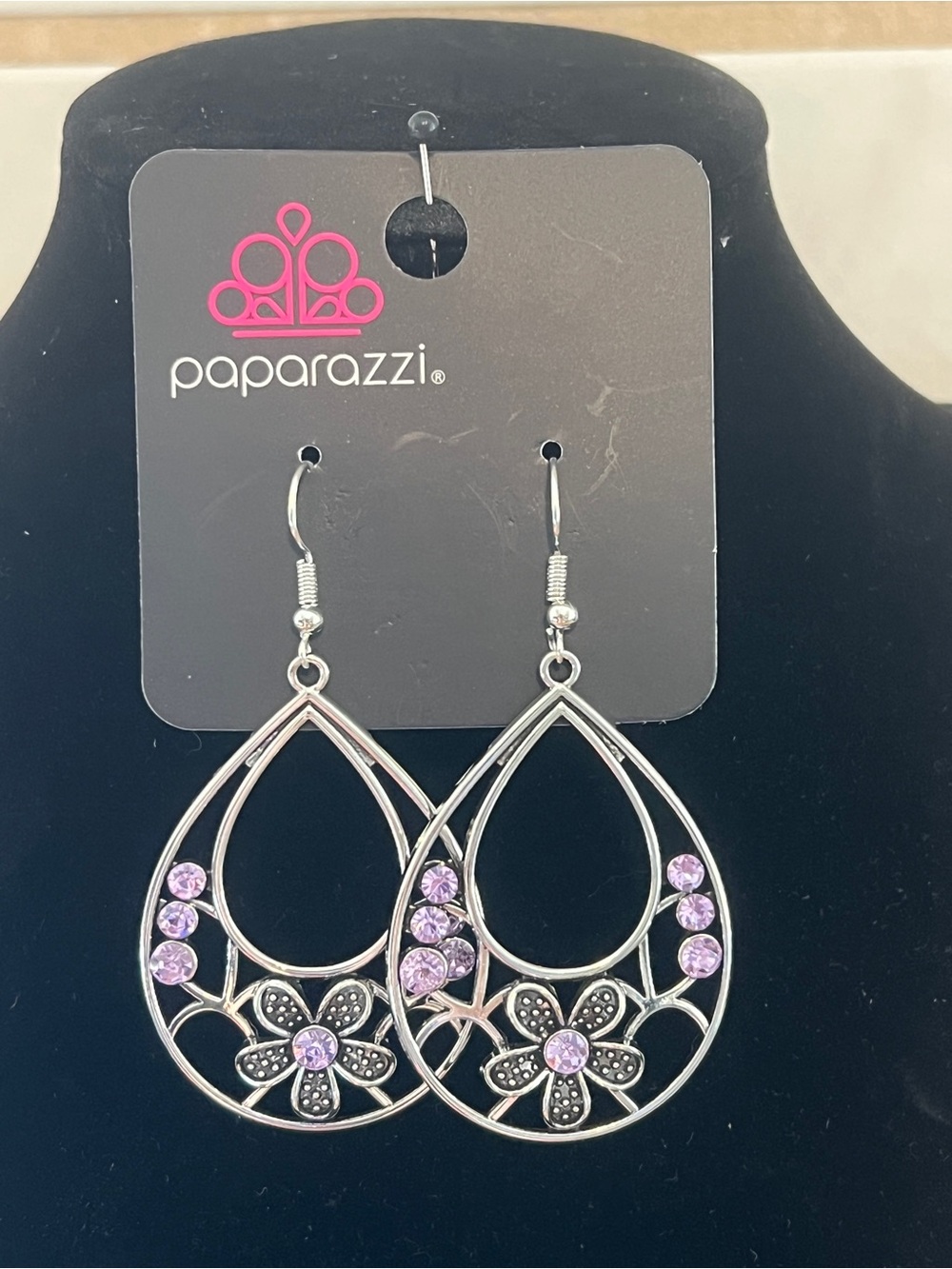 Paparazzi Silver Teardrop Floral Earrings with Light Purple Stones